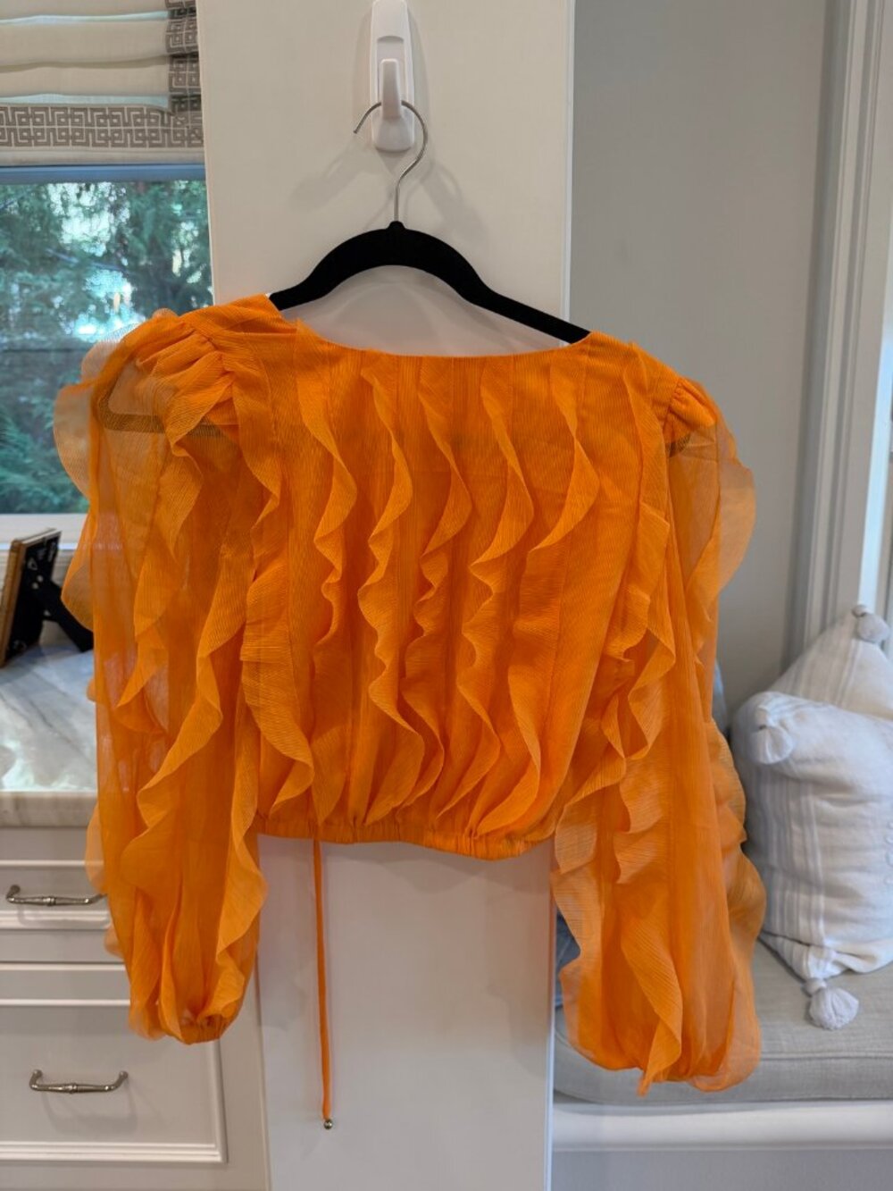 ELLIATT Hawaii Ruffle Mesh Crop Top Long Sleeve Tie Back Mango Orange